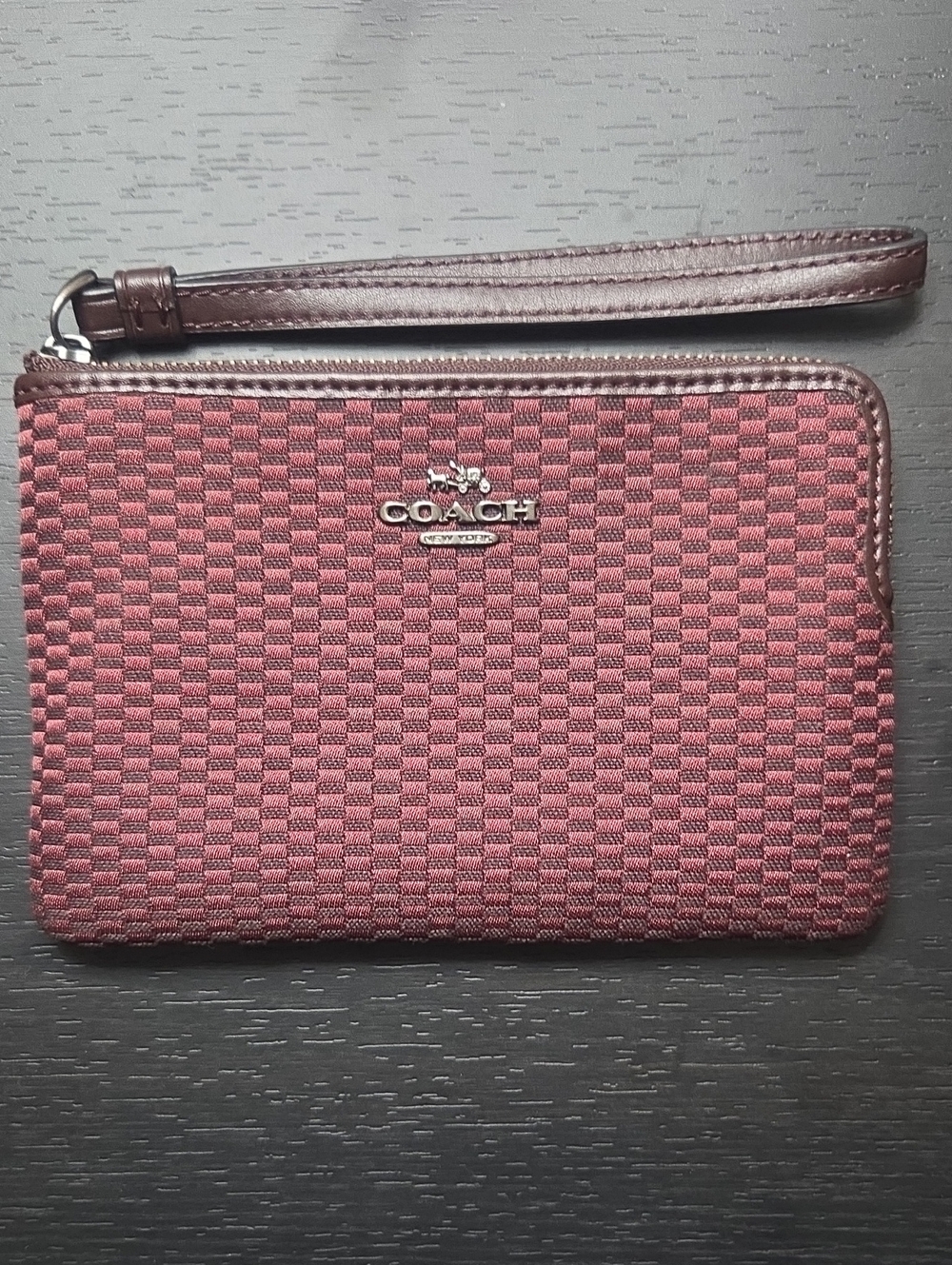 Coach Burgandy And Brown Signature Checkered Wristlet